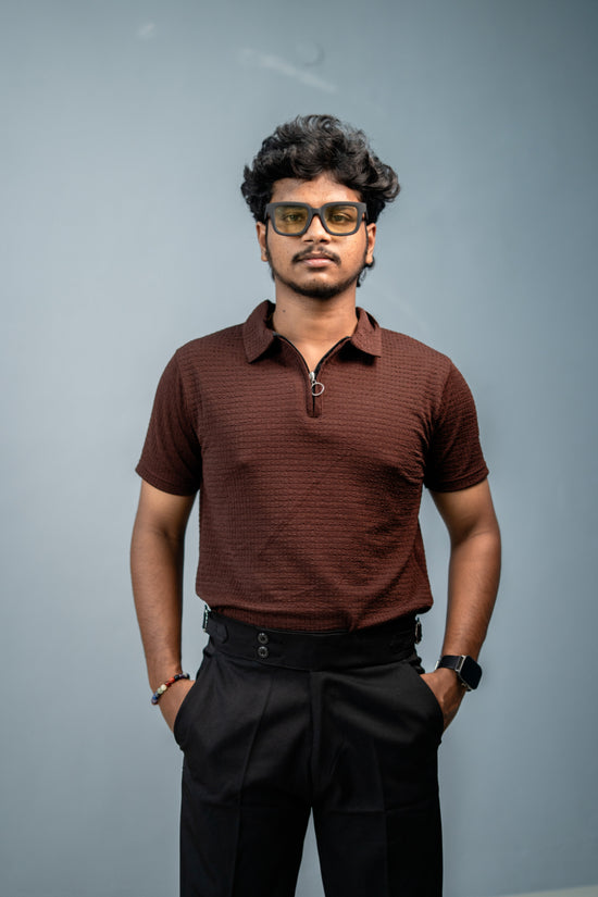 Stylish CAKE BUBBLE Half Sleeve Zipper Collar Tshirt - Chocolate Brown