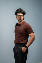 Stylish CAKE BUBBLE Half Sleeve Zipper Collar Tshirt - Chocolate Brown