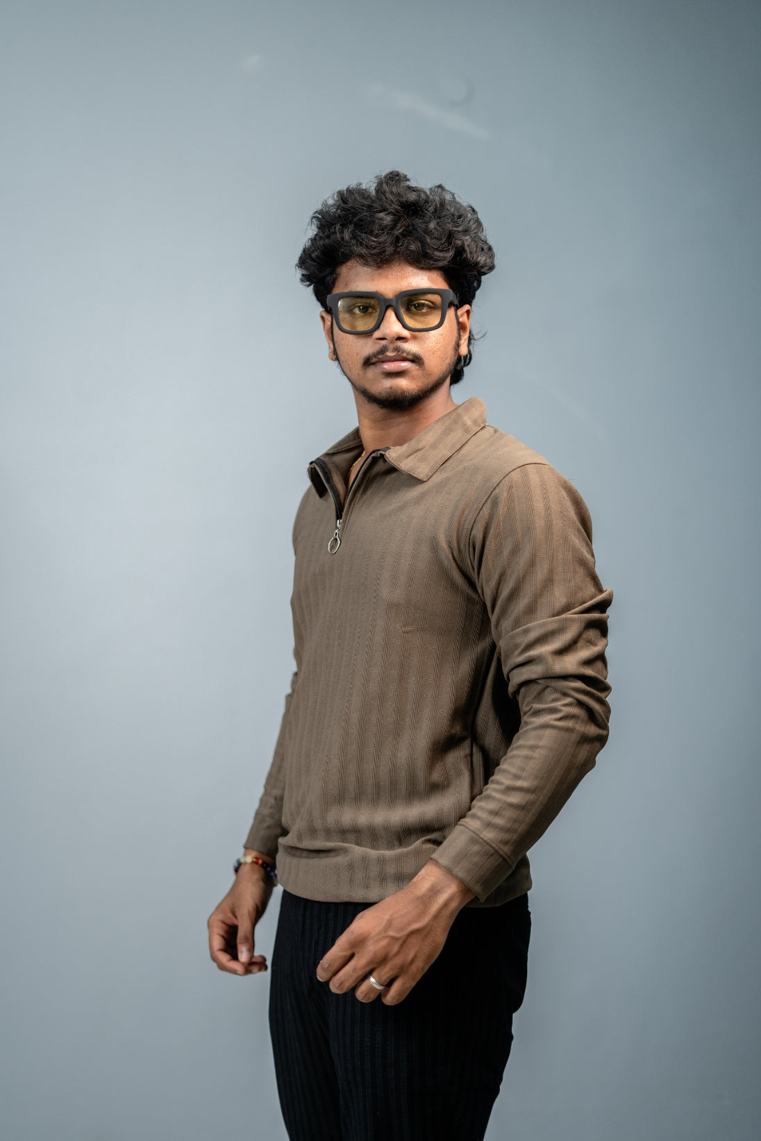 Unique Style Full Sleeve Striped Korean Zipper Tshirt-Brown