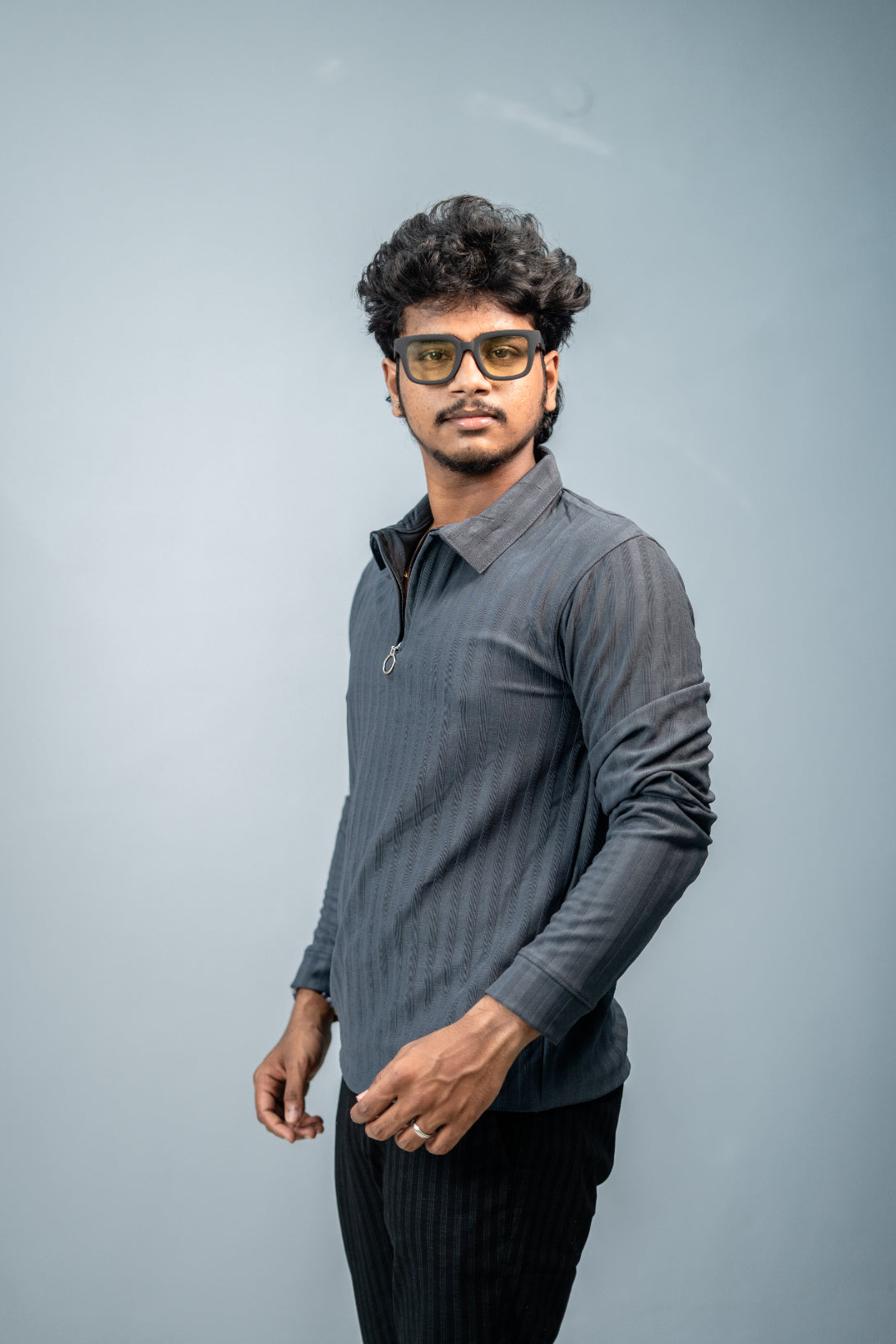 Unique Style Full Sleeve Striped Korean Zipper Tshirt-Grey