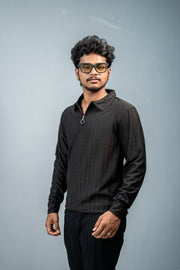 Unique Style Full Sleeve Striped Korean Zipper Tshirt-Black