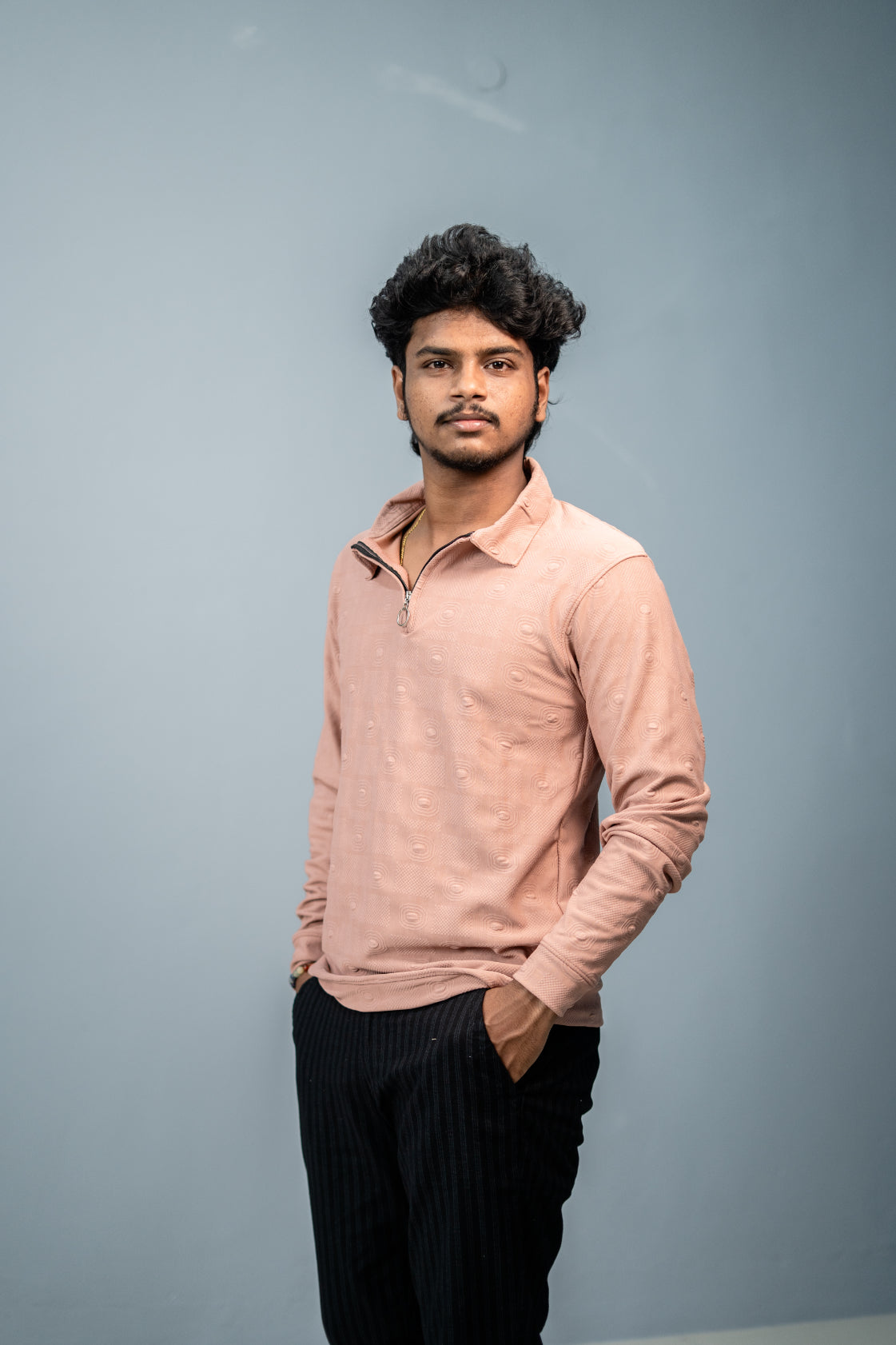 Premium Style Korean Zipper Circle Print Full Sleeve Tshirt for Men-Peach