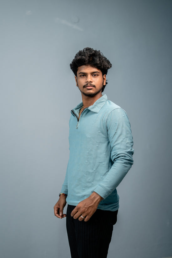 Premium Style Korean Zipper Circle Print Full Sleeve Tshirt for Men-Sky Blue