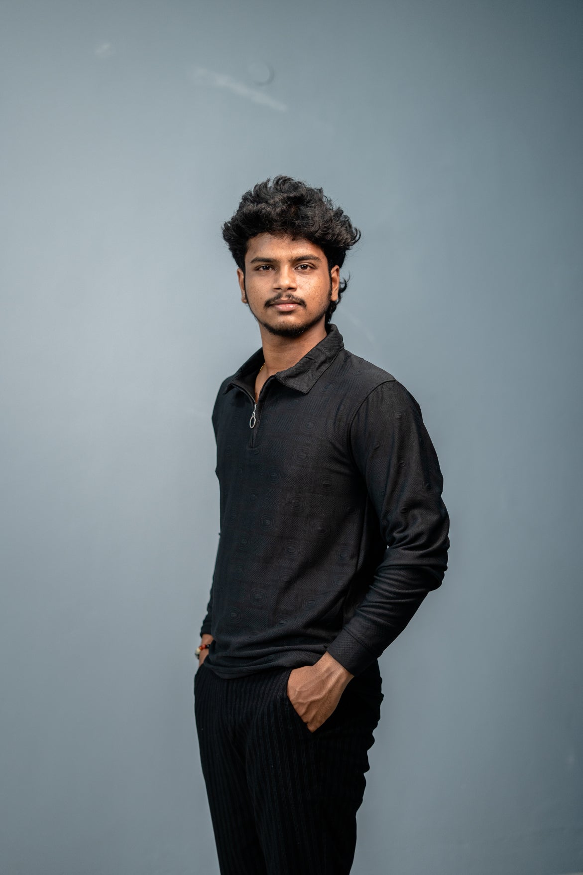 Premium Style Korean Zipper Circle Print  Full Sleeve Tshirt for Men-Black