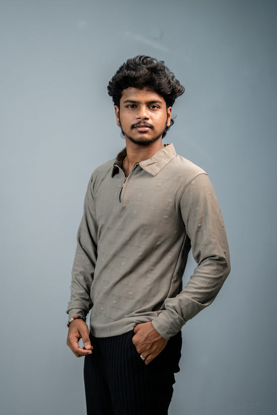 Premium Style Korean Zipper Circle Print Full Sleeve Tshirt for Men-Grey