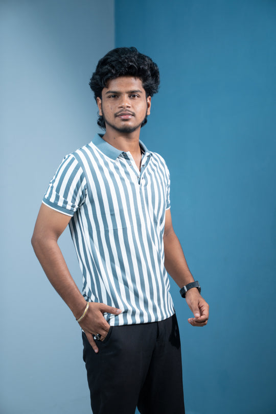Short Sleeve Collar Neck Striped Korean Press Button for Men-Dark Grey – alternate view – 7MAN India