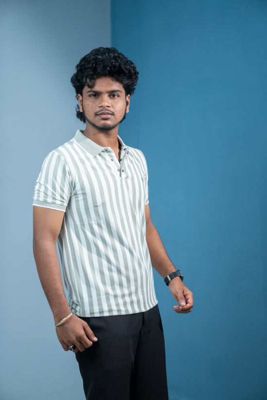 Short Sleeve Collar Neck Striped Korean Press Button for MenPista Green mens trending streetwear India 7Man