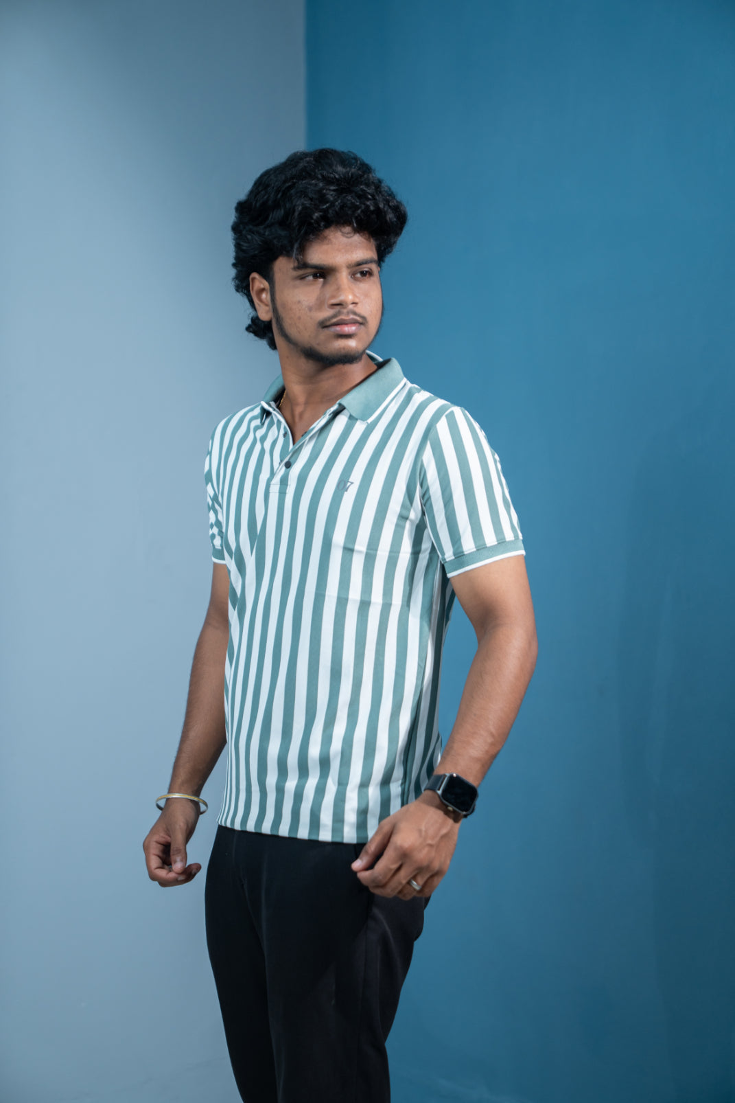 Short Sleeve Collar Neck Striped Korean Press Button for MenOlive Green mens trending streetwear India 7Man