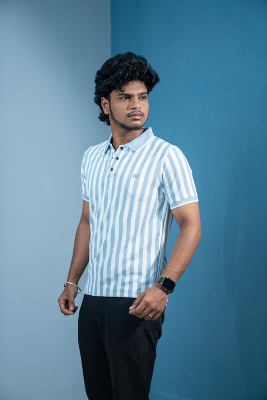 Short Sleeve Collar Neck Striped Korean Press Button for MenDenim Blue mens trending streetwear India 7Man