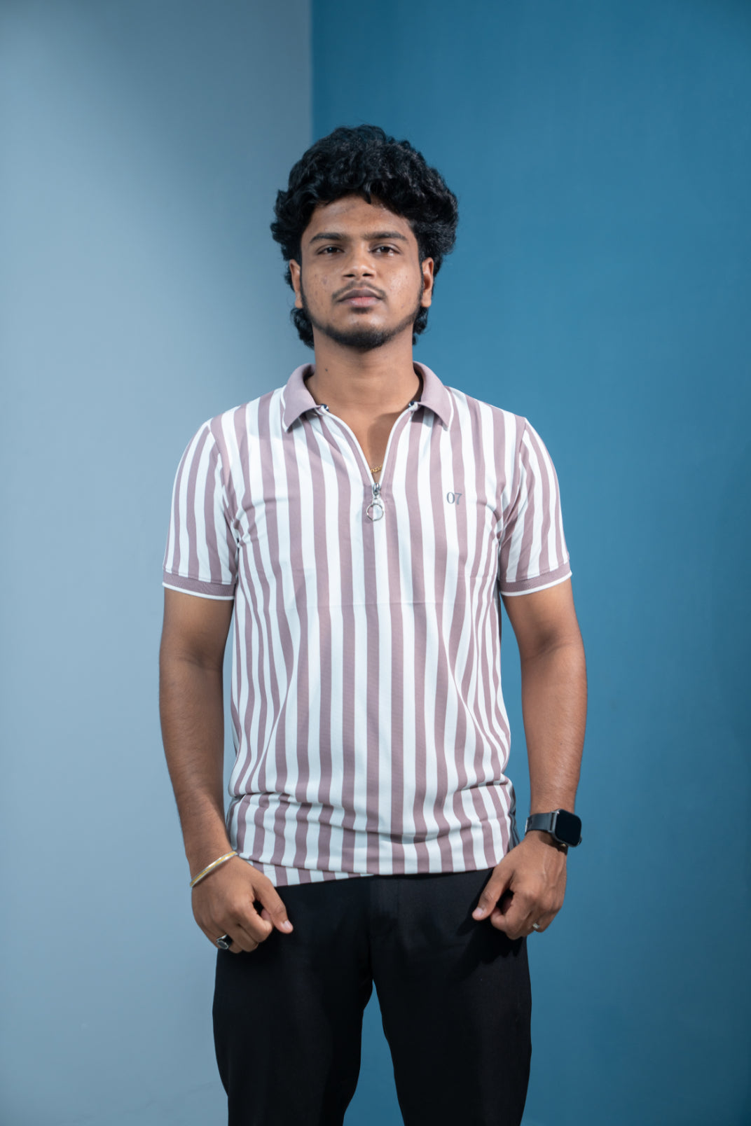 Short Sleeve Collar Neck Striped Korean Zipper for Men-Light Purple