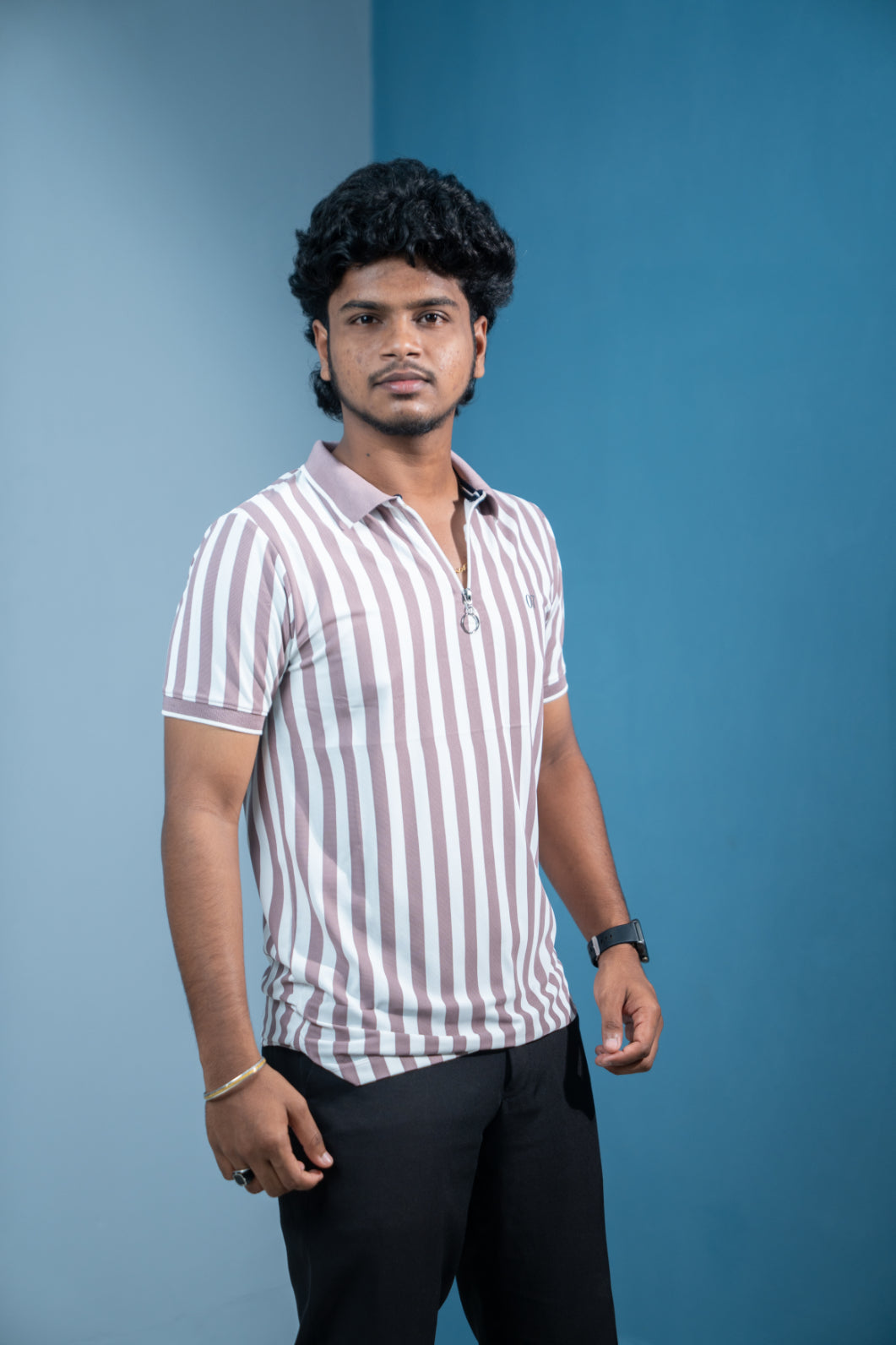 Short Sleeve Collar Neck Striped Korean Zipper for Men-Light Purple