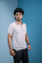 Short Sleeve Collar Neck Striped Korean Zipper for Men-Light Purple