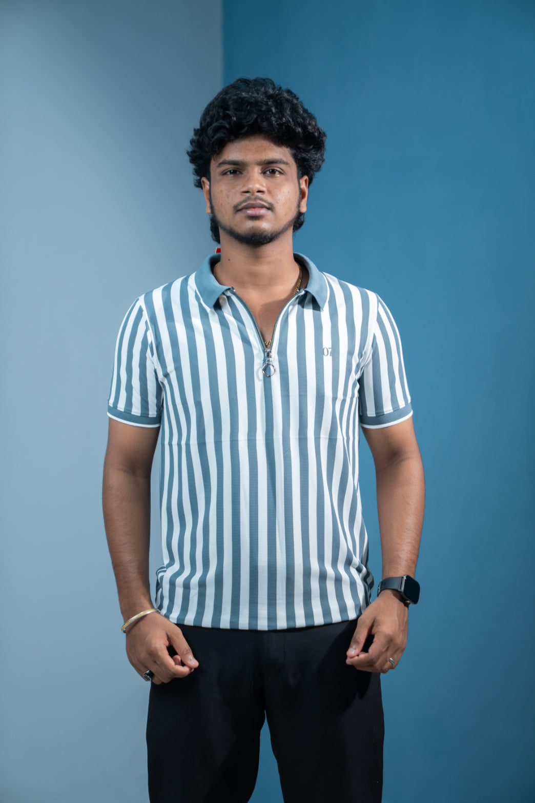 Short Sleeve Collar Neck Striped Korean Zipper for Men- Dark Grey