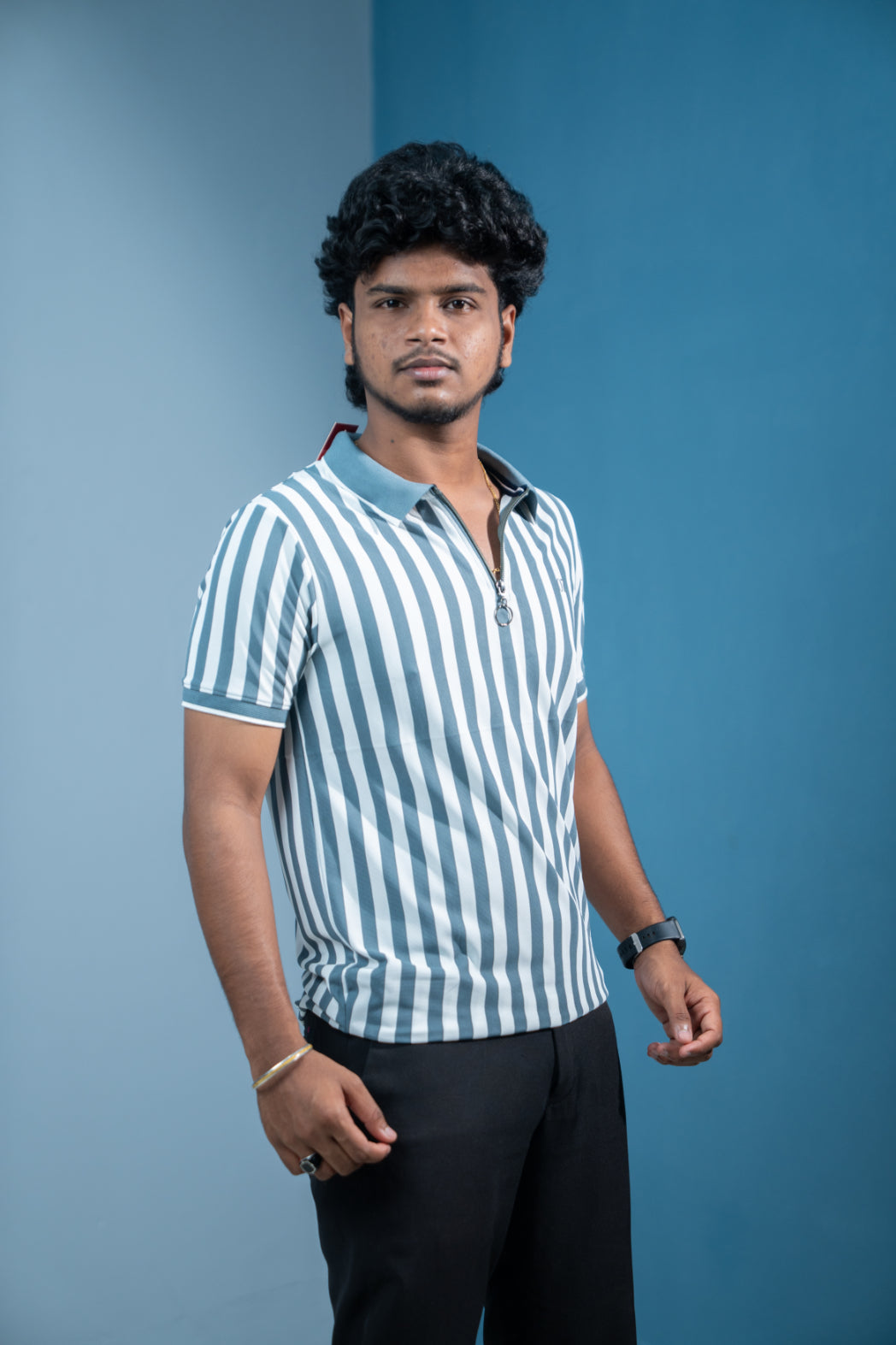 Short Sleeve Collar Neck Striped Korean Zipper for Men- Dark Grey