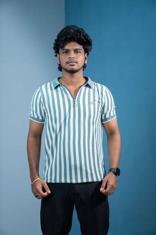 Short Sleeve Collar Neck Striped Korean Zipper for Men- Olive Green