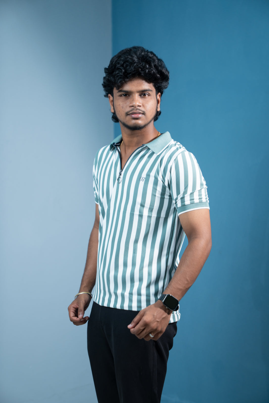 Short Sleeve Collar Neck Striped Korean Zipper for Men- Olive Green