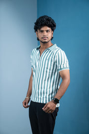 Short Sleeve Collar Neck Striped Korean Zipper for Men- Olive Green