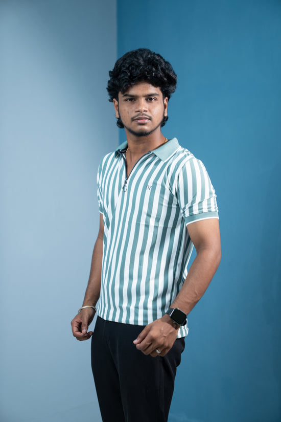 Short Sleeve Collar Neck Striped Korean Zipper for Men- Olive Green