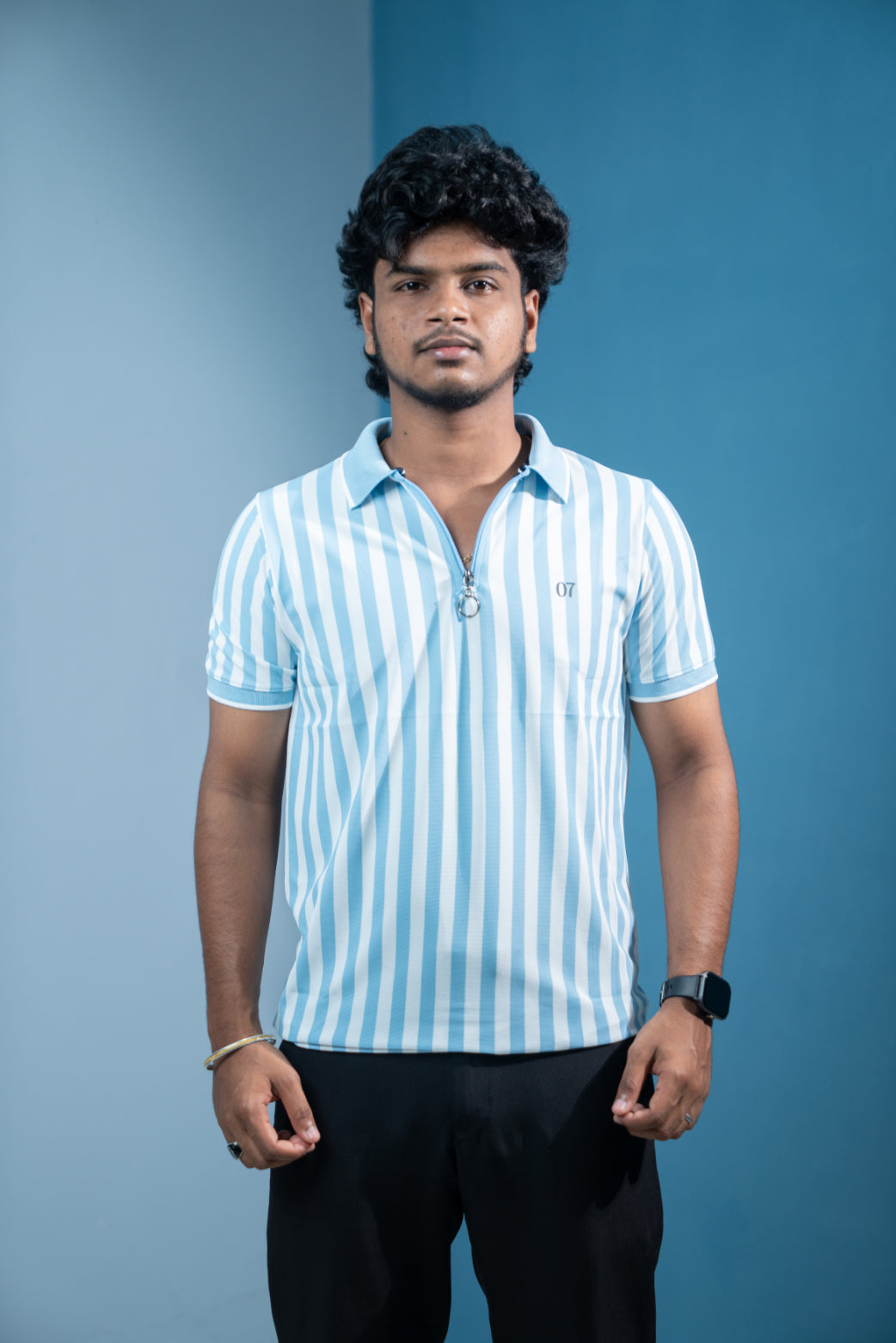 Short Sleeve Collar Neck Striped Korean Zipper for Men-Ice Blue