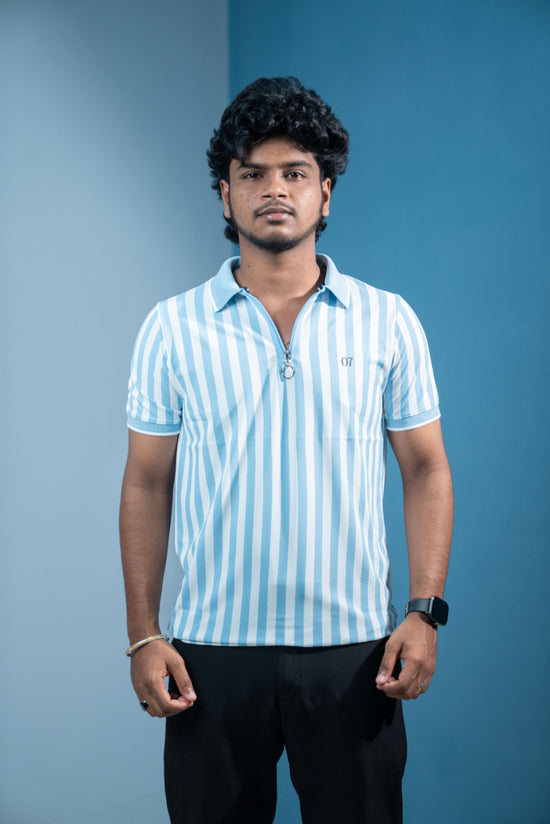Short Sleeve Collar Neck Striped Korean Zipper for Men-Ice Blue
