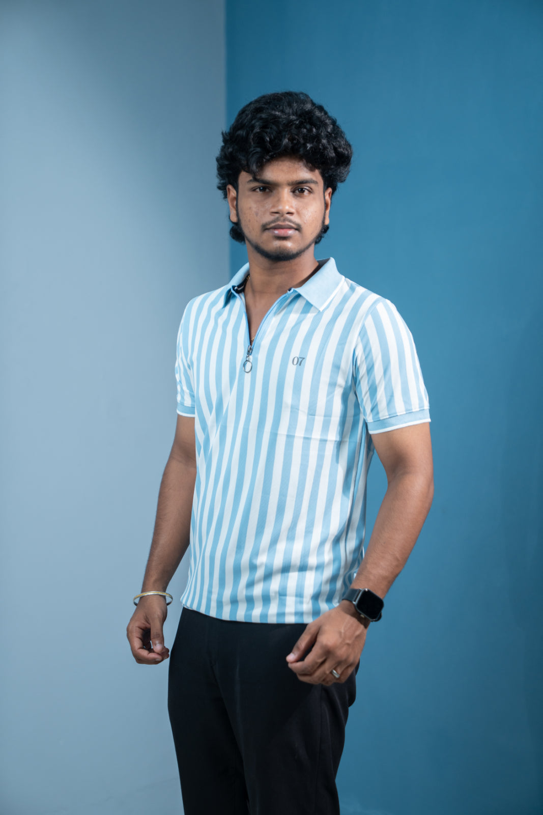 Short Sleeve Collar Neck Striped Korean Zipper for Men-Ice Blue