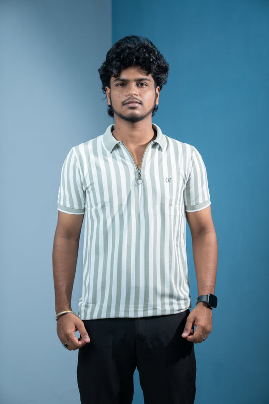 Short Sleeve Collar Neck Striped Korean Zipper for Men-Pista Green