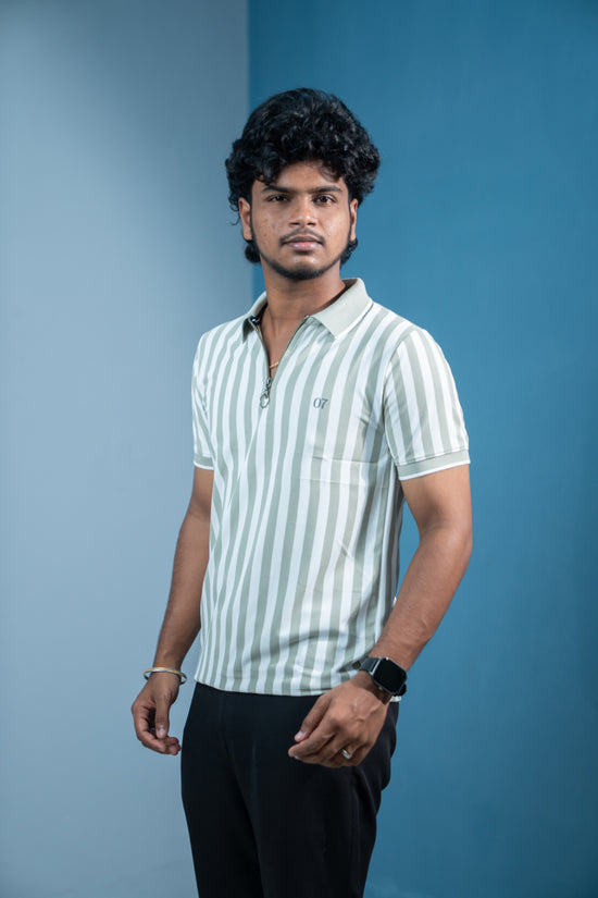 Short Sleeve Collar Neck Striped Korean Zipper for Men-Pista Green