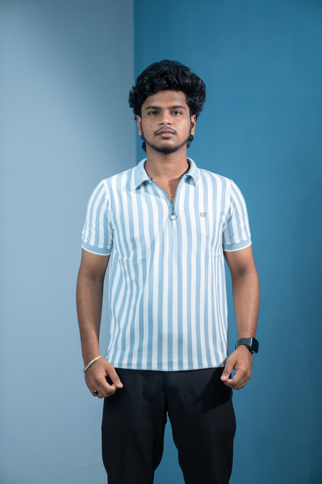 Short Sleeve Collar Neck Striped Korean Zipper for Men- Denim Blue