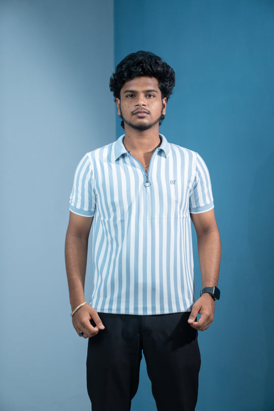 Short Sleeve Collar Neck Striped Korean Zipper for Men- Denim Blue – 7MAN Men's Fashion India