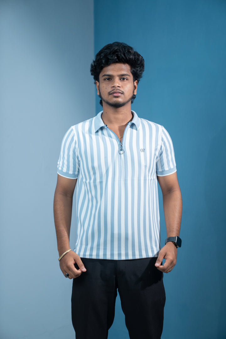 Short Sleeve Collar Neck Striped Korean Zipper for Men- Denim Blue