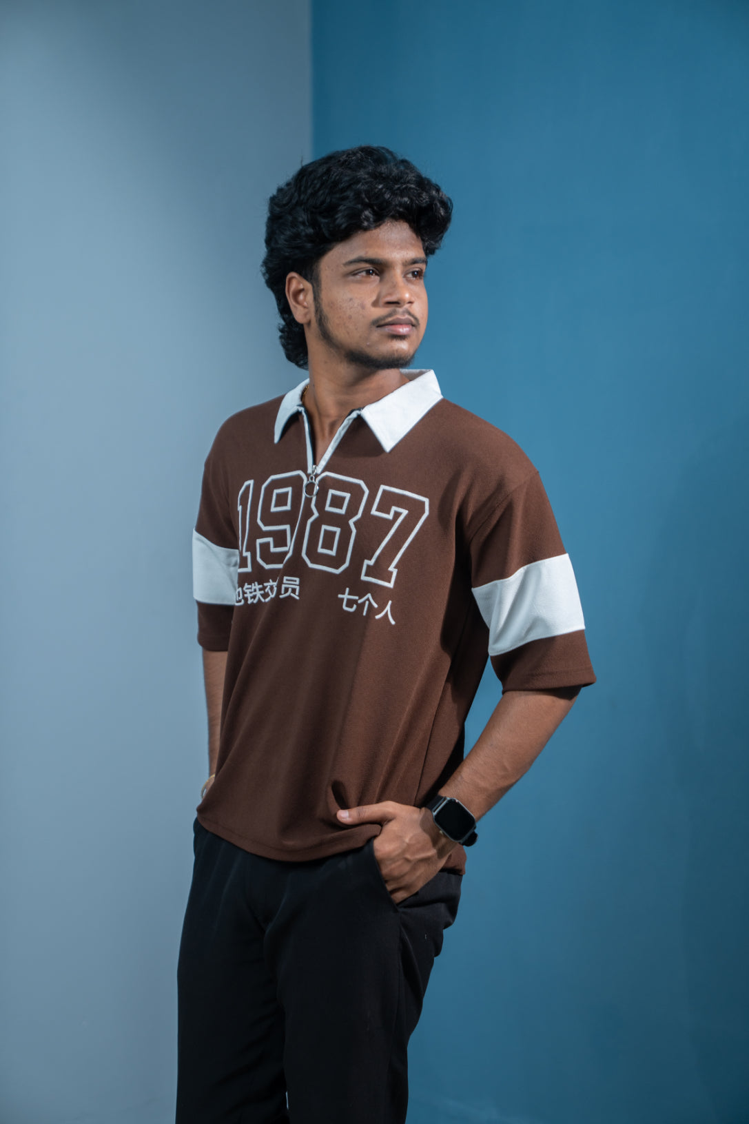 1987 Oversized Zipper T-Shirt for Men  Trending Korean Streetwear-Brown