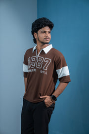 1987 Oversized Zipper T-Shirt for Men  Trending Korean Streetwear-Brown