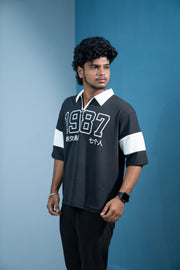 1987 Oversized Zipper T-Shirt for Men  Trending Korean Streetwear-Black