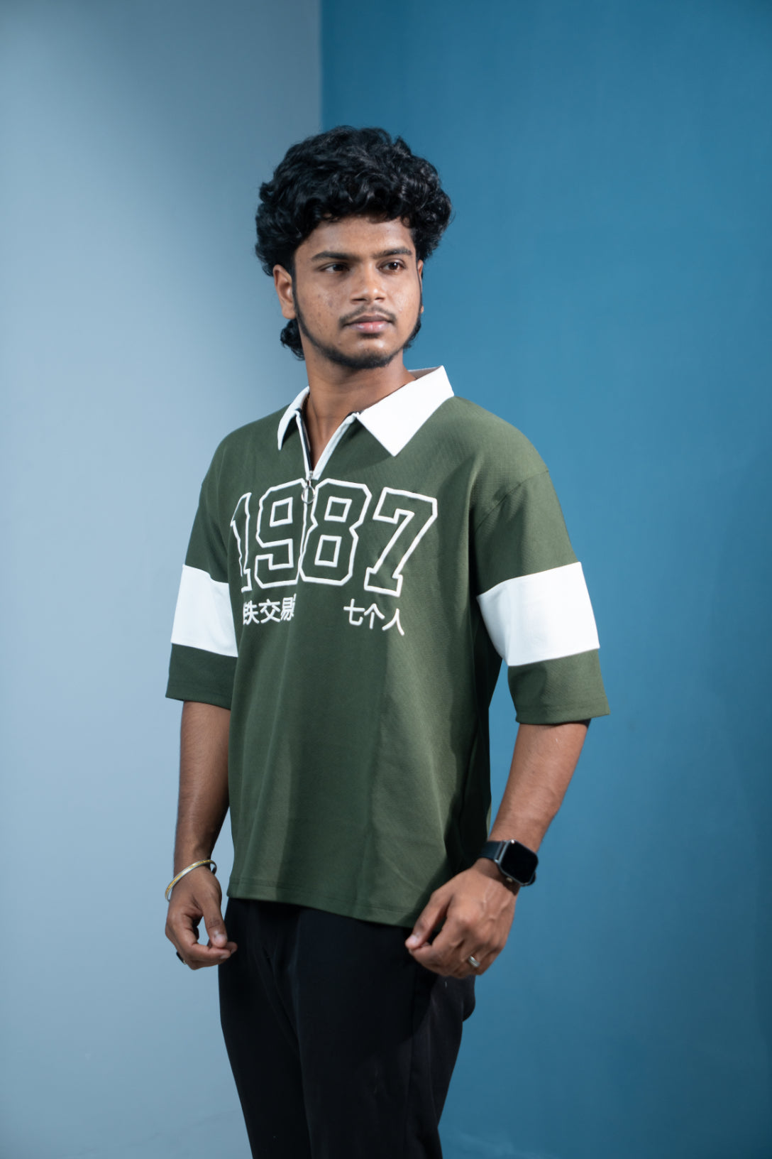 1987 Oversized Zipper T-Shirt for Men  Trending Korean Streetwear-Mahendhi Green