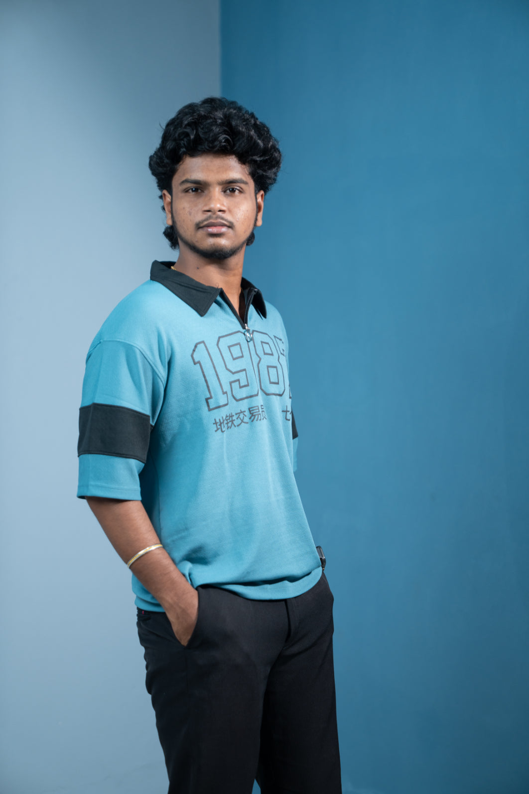 1987 Oversized Zipper T-Shirt for Men  Trending Korean Streetwear-Light BLue