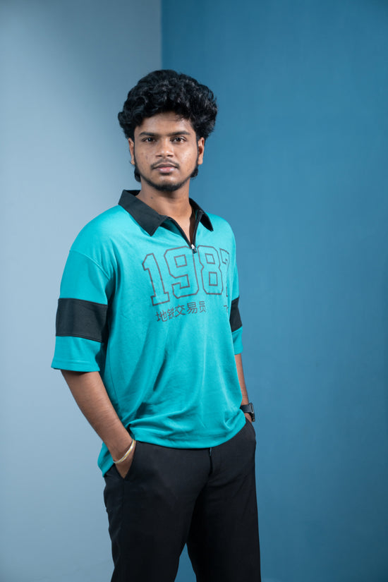 1987 Oversized Zipper T-Shirt for Men  Trending Korean Streetwear-Ramar Green