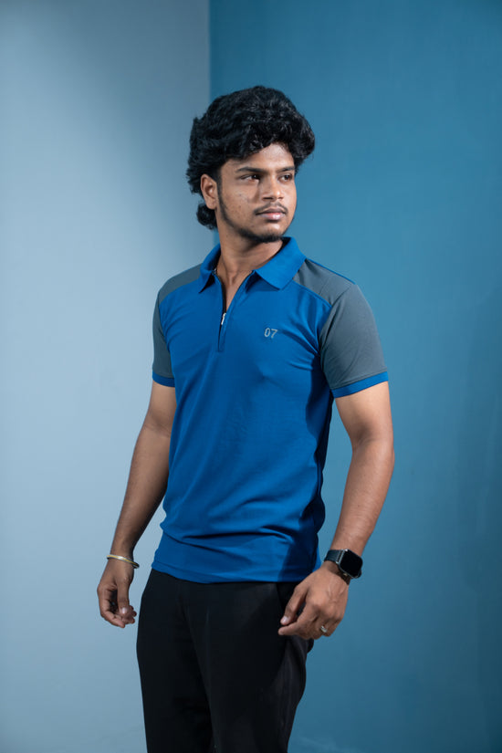 Dual-Tone Short Sleeve Zipper Collar T-Shirt for Men  Trending Korean Fit-Ink Blue