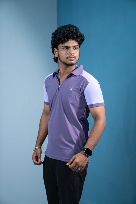 Dual-Tone Short Sleeve Zipper Collar T-Shirt for Men  Trending Korean Fit-Purple