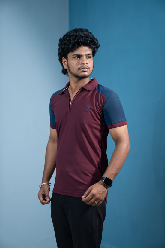 Dual-Tone Short Sleeve Zipper Collar T-Shirt for Men  Trending Korean Fit-Maroon