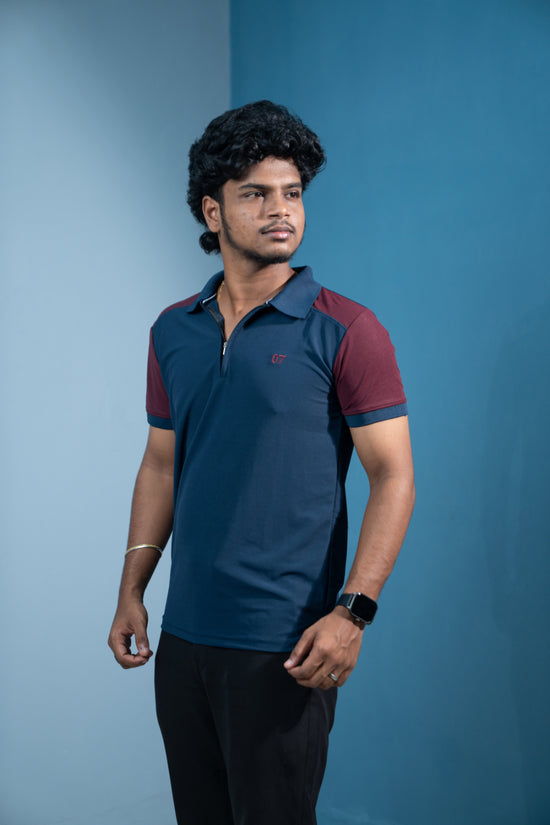 Dual-Tone Short Sleeve Zipper Collar T-Shirt for Men  Trending Korean Fit-Navy Blue
