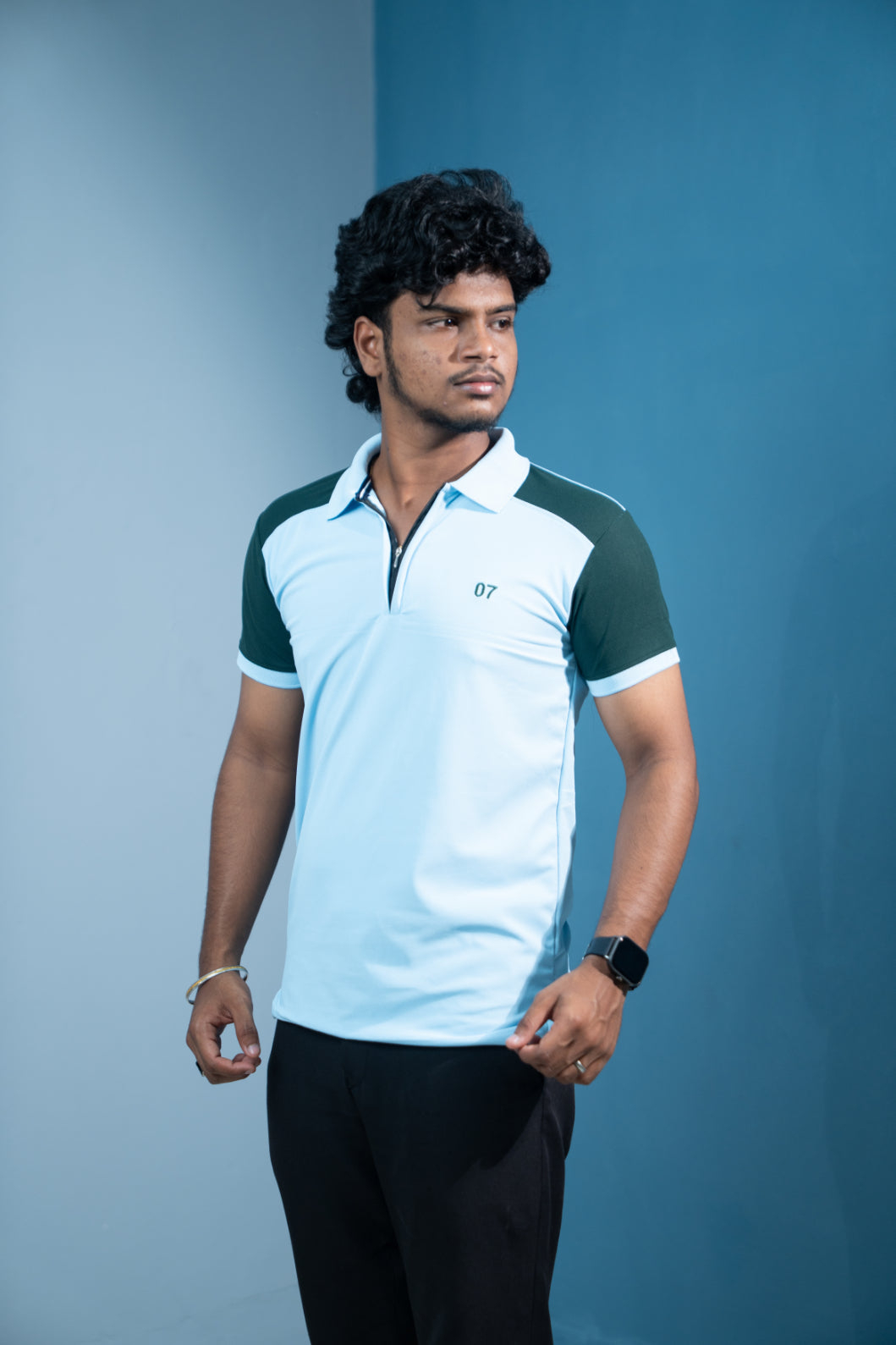 Dual-Tone Short Sleeve Zipper Collar T-Shirt for Men  Trending Korean Fit-Sky Blue