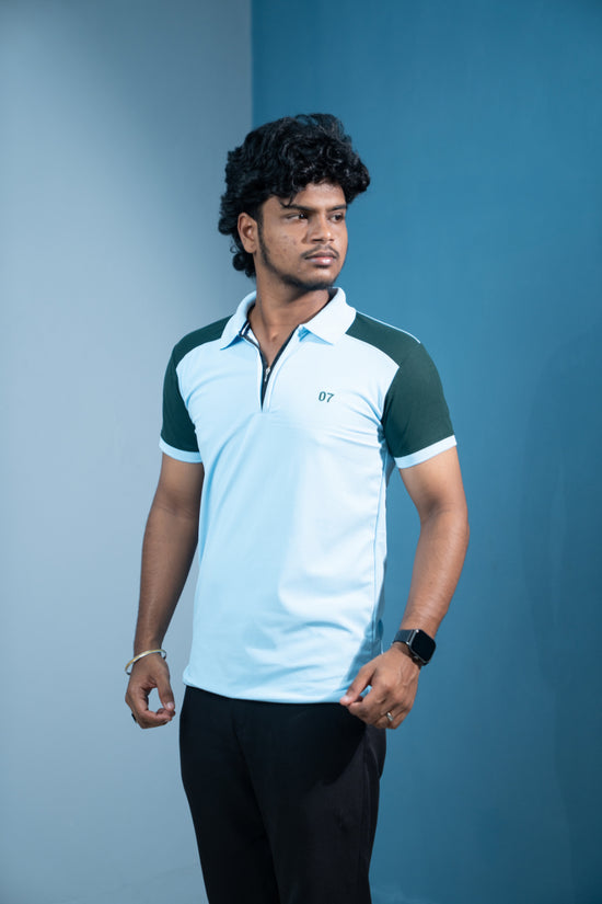 Dual-Tone Short Sleeve Zipper Collar T-Shirt for Men  Trending Korean Fit-Sky Blue