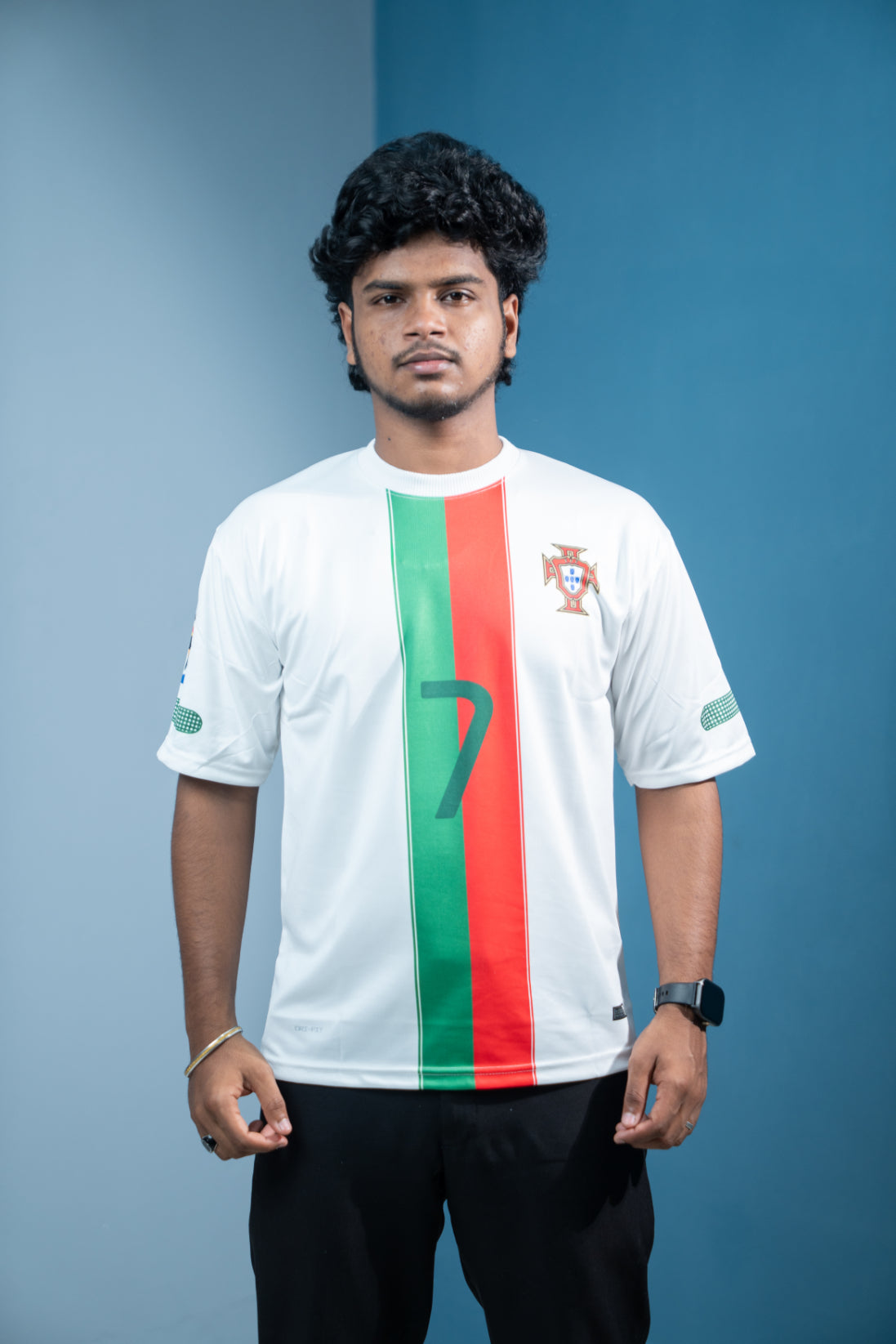 Five Sleeve Round Neck Ronaldo Printed Tshirt for men - White with green & red