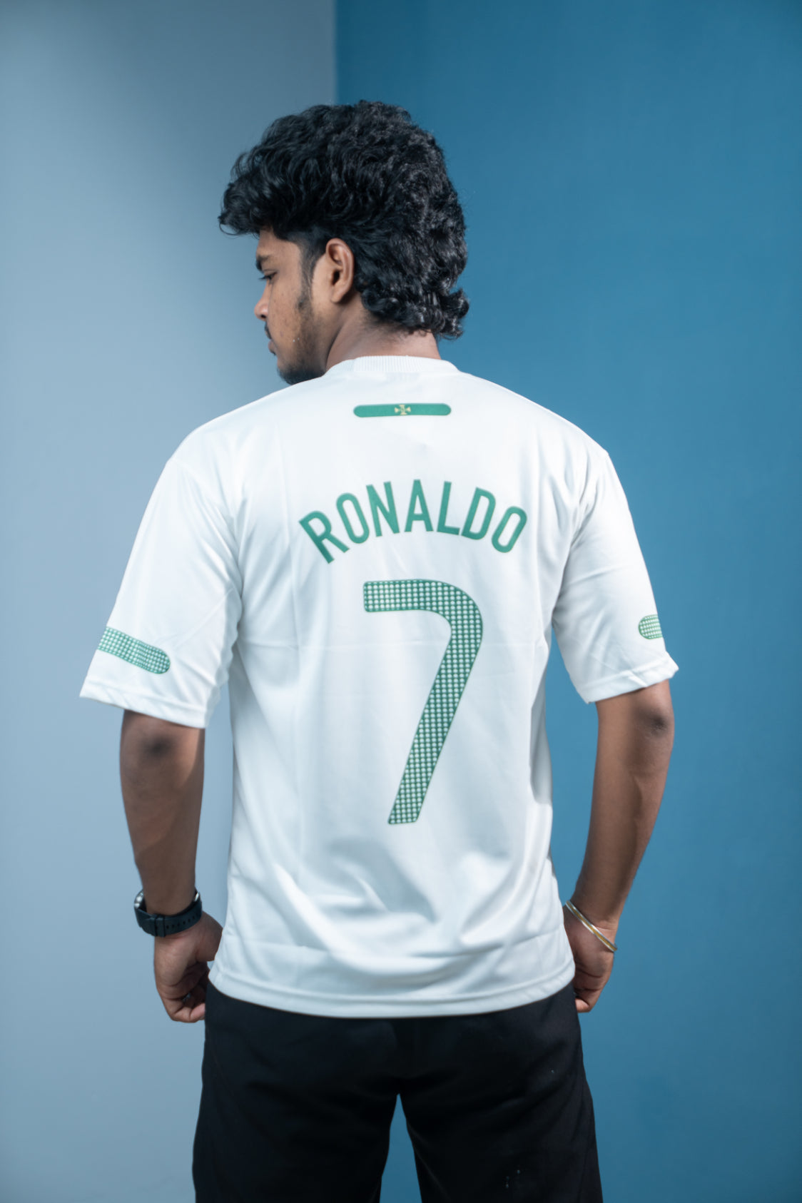 Five Sleeve Round Neck Ronaldo Printed Tshirt for men - White with green & red