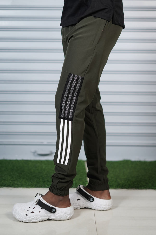 Men's Mesh Cargo Track Pant | Triple Stripe Sports Jogger - Mehandhi Green