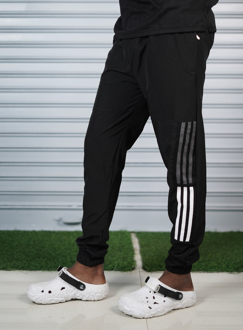 Men's Mesh Cargo Track Pant | Triple Stripe Sports Jogger - Black