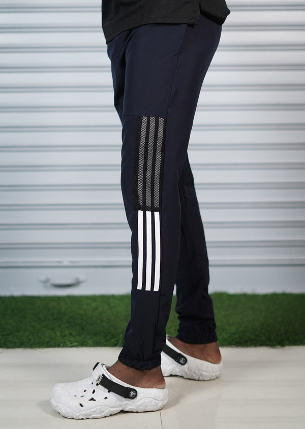 Men's Mesh Cargo Track Pant | Triple Stripe Sports Jogger - Navy Blue