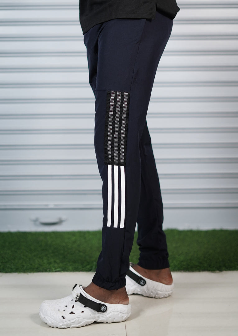 Men's Mesh Cargo Track Pant | Triple Stripe Sports Jogger - Navy Blue