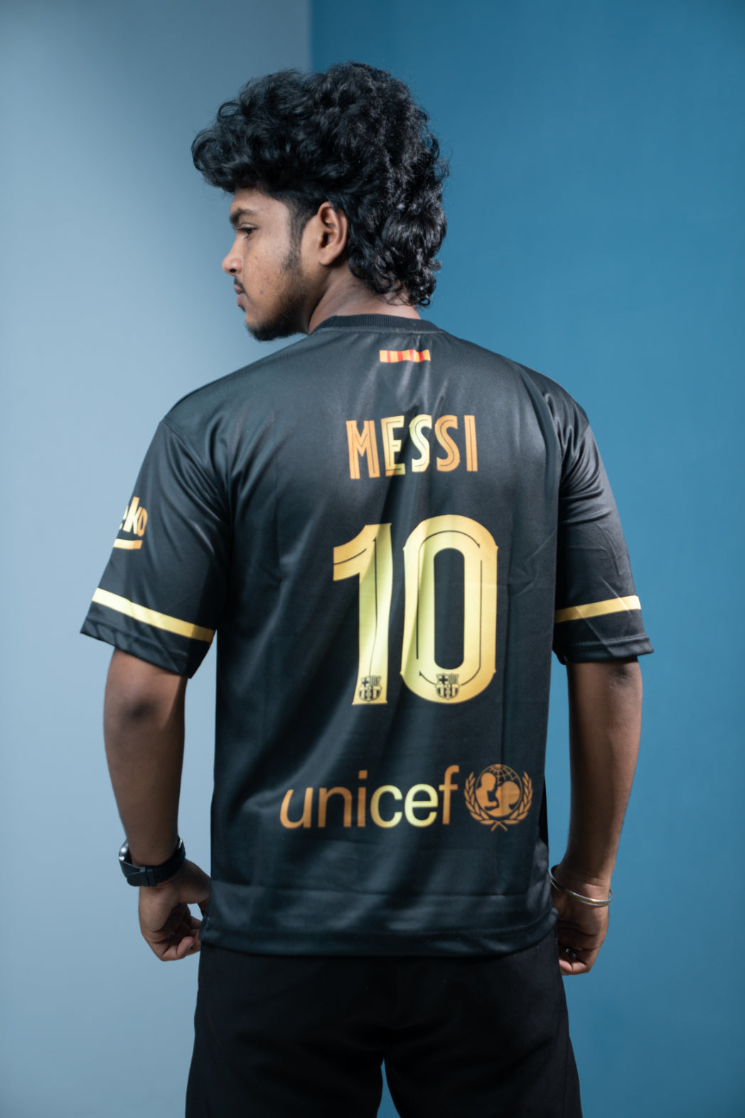 Five Sleeve Round Neck Messi - RAKUTEN Printed Jersey Tshirt for men - Black