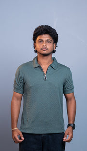 Half Sleeve Korean Zipper ZIG ZAG TShirt for Men  Premium Textured Fit  Ramar Green mens trending streetwear India 7Man